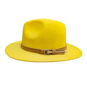 Fedora Hat Womens One Size Yellow Felt Wool Blend Wide Brim Classic Dress Fall